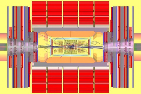 Simulation der Entstehung und des Zerfalls eines Higgs-Teilchens im Experiment CMS (Bild: CERN)