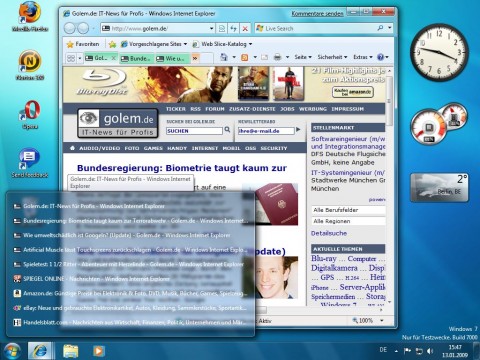 Windows 7 Beta - Taskleiste mit Tab-Vorschau in der Listendarstellung