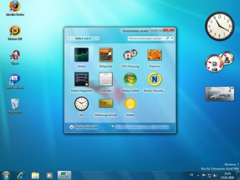Windows 7 Beta - Gadget-Auswahl