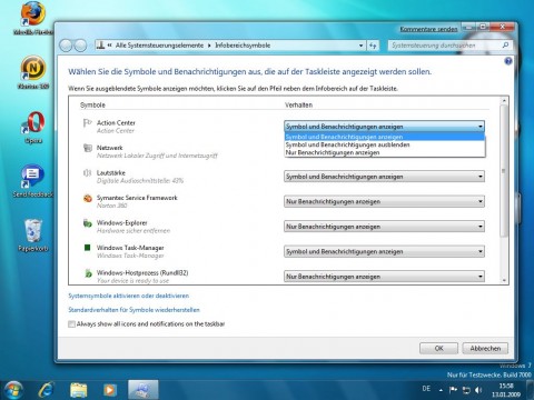 Windows 7 Beta - Konfiguration der Symbole in der Trayleiste