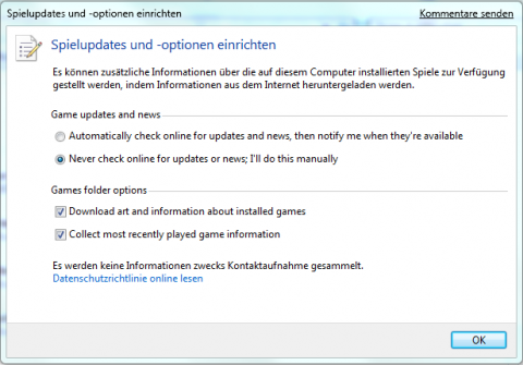 Windows 7 Beta - Optionen f�r Spiel-Updates