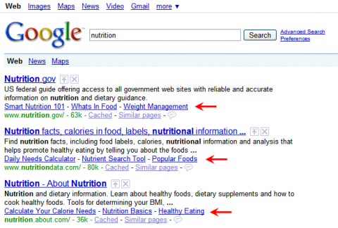 Google Sitelinks unter mehreren Suchergebnissen