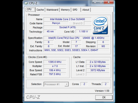 Latitude XT2: CPU-Z zeigt den Core 2 Duo SU9400.