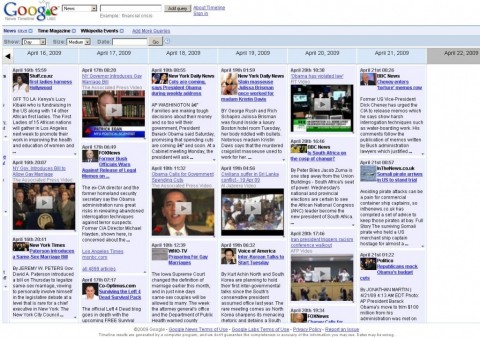 Google News Timeline ordnet Nachrichten statt nach Thema zeitlich an.