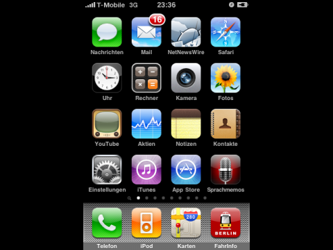 iPhoneOS 3.0 - auf dem Startbildschirm f&auml;llt eine kleine Lupe bei der Seitenanzeige auf und der neue Sprachrekorder.