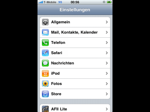Erste Neuerungen sichtbar: Einstellungen f&uuml;r Nachrichten und der iTunes-Account ("Store"). Der iTunes-Account kann jetzt gewechselt werden.