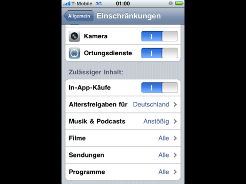 Weitere Einstellungen in den Altersfreigaben