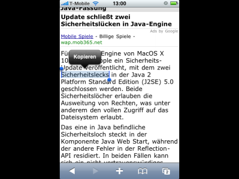 Das iPhoneOS 3.0 markiert das komplette Wort selbstst&auml;ndig.
