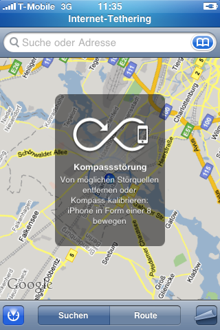 Das iPhone bemerkt den gest&ouml;rten Kompass.