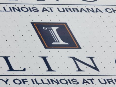 Gatter aus Micro-LEDs (schwarze Vierecke), gedruckt auf eine Glasplatte mit einem Logo der Universit&auml;t Illinois im Hintergrund.