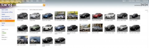Bing Visual Search Galleries - Recherche nach Autos mit Filter "Hybrid"