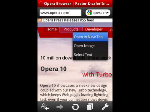 Opera Mini 5 mit eingeblendeten Navigationselementen