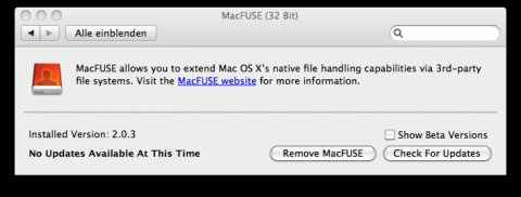 Systemeinstellungen von MacFUSE im 32-Bit-Modus