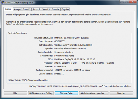 DXdiag zeigt DirectX-11 korrekt an.