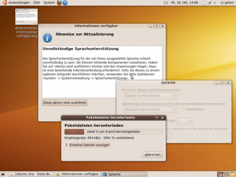 Nach dem ersten Start bietet Ubuntu sofort die Installation zus�tzlicher Sprachpakete f�r Gimp und OpenOffice.org an.