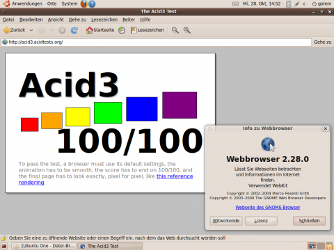 ... schafft der Gnome-eigene Browser Epiphany 2.28 mit Webkit glatte 100 Punkte im Acid3-Test.
