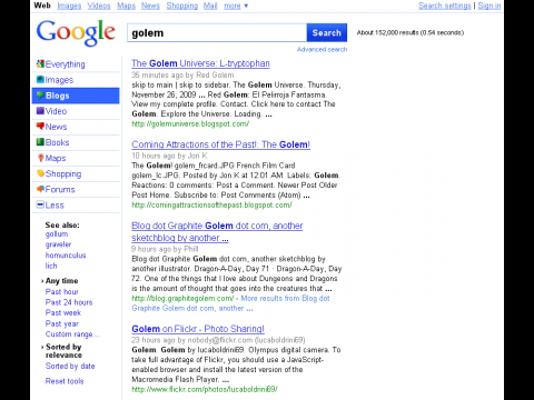 Google Suchergebnisseite mit allen Ergebnissen in Blogs und Sidebar