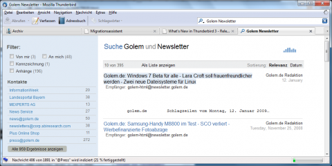 Die Suche in Thunderbird 3 ist schnell, ...