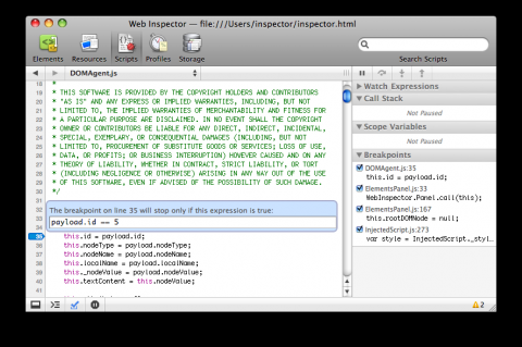 Webkit Web Inspector: Breakpints