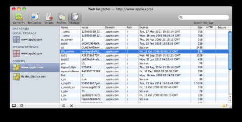 Webkit Web Inspector: Cookie-Informationen