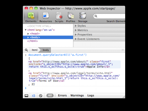 Webkit Web Inspector: Nodeliste