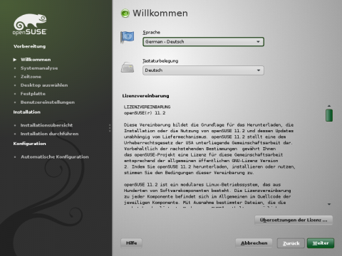 Beginn der Installation mit Sprachauswahl und Lizenzzustimmung