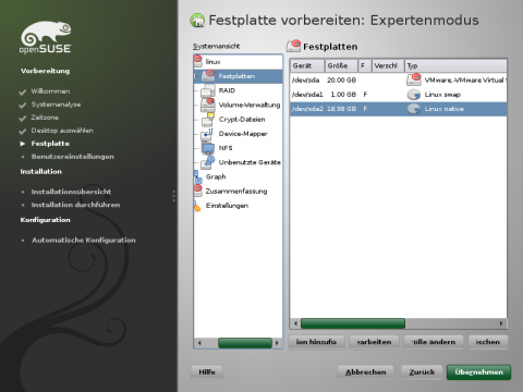 Im Expertenmodus kann Opensuse auch auf eine Raid-Partition installiert oder die gesamte Systempartition verschl&uuml;sselt werden.