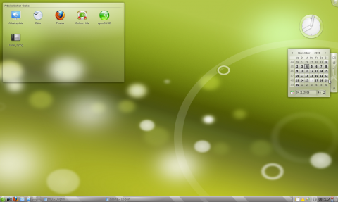 Der KDE-Desktop mit Opensuse-Theme und Desktop-Plasmoids