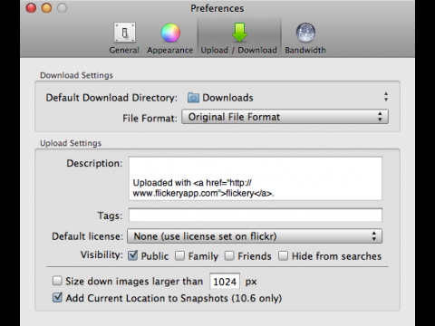 Flickery - Voreinstellungen f&uuml;r den Up- und Download