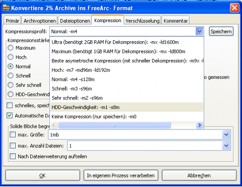 FreeArc - Kompressionseinstellungen