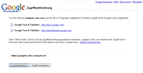 Einmalige Autorisierung f&uuml;r den Zugriff auf Google Docs