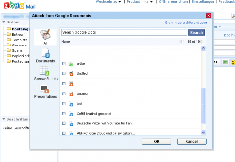 Zoho Mail mit Google-Docs-Attachement