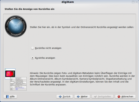 Hier wird bestimmt ob Digikam Metadaten als Kurzinfo anzeigen soll