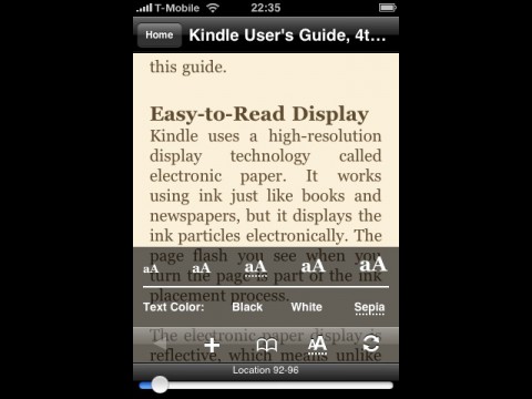 Kindle for iPhone 1.3 - mit Sepia soll die Textdarstellung einem Buch &auml;hneln.