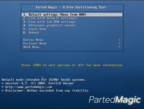 Parted Magic l&auml;dt optional die Raid-Treiber Dmraid oder Md beim Start.