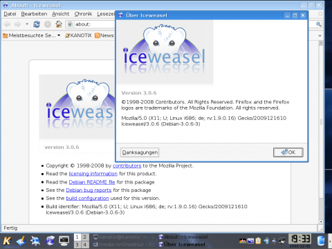 Der Browser Iceweasel, ein Firefox-Klon ohne Logos, ist in einer nicht ganz taufrischen Version mit an Bord.