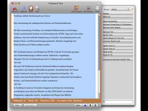 Textsoap Hauptfenster - Umlaute umwandeln in ae, oe, ue, ss