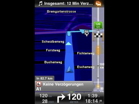 Tomtom 1.3 auf dem iPhone mit aktiviertem Nachtmodus