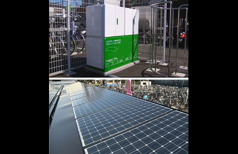 Schrank mit Ladevorrichtungen f&uuml;r Fahrradakkus und dem Stromspeicher der Station (oben), Solaranlage auf dem Dach (Foto: Sanyo)