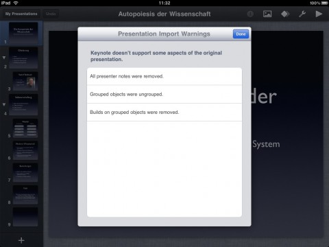 Keynote: Pr&auml;sentationsnotizen und andere Eigenschaften werden beim Import entfernt. Das Dokument wurde in iWork '09 auf einem Mac gespeichert.
