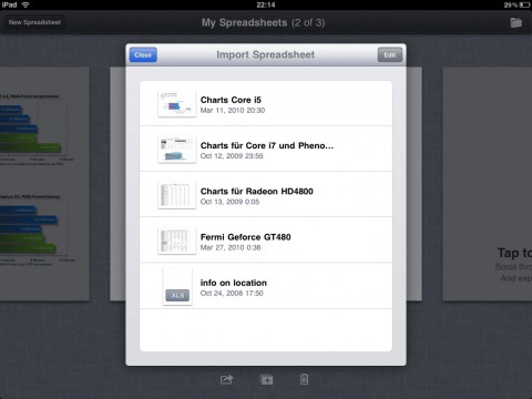 Noch nicht importierte, aber auf dem iPad vorliegende Tabellen