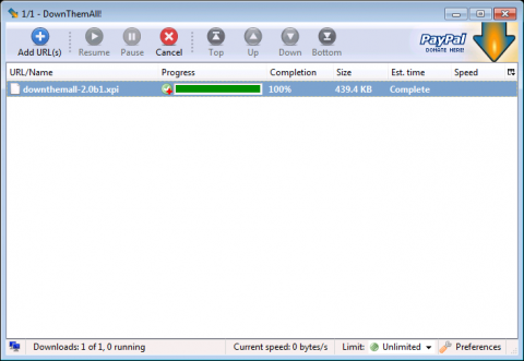 DownThemAll-2.0-Beta - Hauptbildschirm