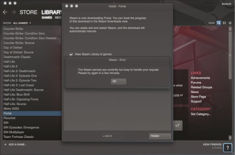 Steam for Mac - wegen des zeitweilig kostenlosen Spiels Portal ist Steam zum Teil &uuml;berlastet.