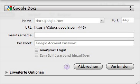 Cyberduck 3.5 - Login f&uuml;r Google Docs