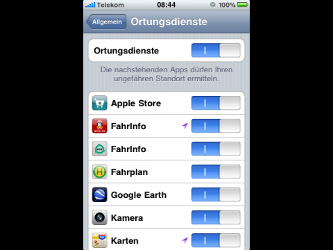 Hier kann der Anwender sehen, ob eine App die Lokalisierungsfunktion nutzt.