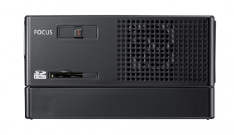 Pico-Beamer Samsung SP-H03 von hinten - mit L&uuml;fterauslass und Micro-SD-Slot