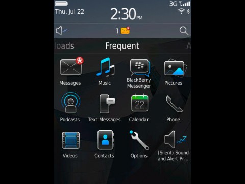 Blackberry 6 - Startbildschirm mit den zuletzt verwendeten Programmen
