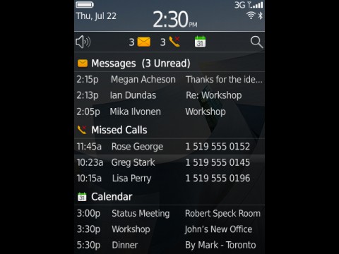 Blackberry 6 - �bersicht mit E-Mails, Terminen und verpassten Anrufen