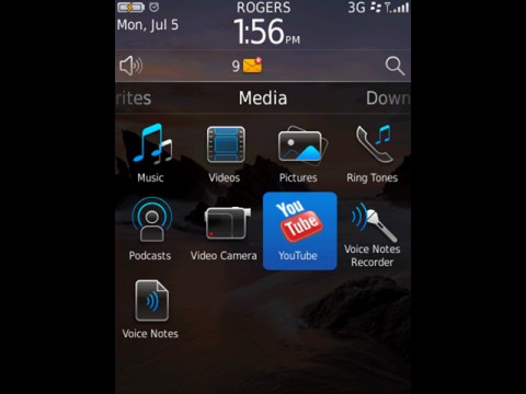 Blackberry 6 - Startbildschirm mit aktiviertem Media-Bereich