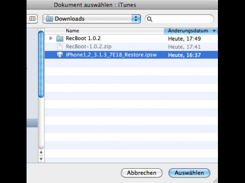Die Wiederherstellung fragt nach einer einzuspielenden iOS-Datei